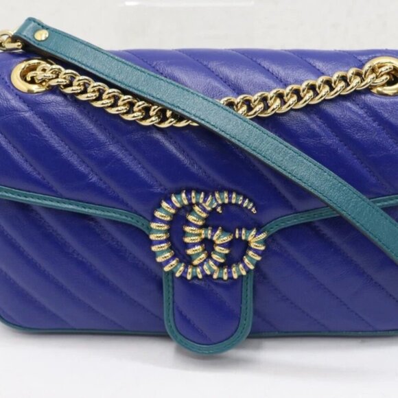 Gucci GG Marmont Small Shoulder Bag Blue Matelassé Leather - Picture 1 of 13